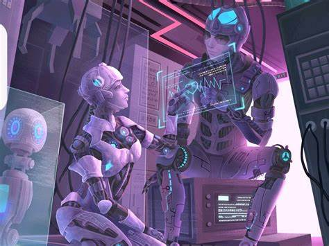 科幻风格插画：孕妇佩戴智能腰带，数据实时上传云端