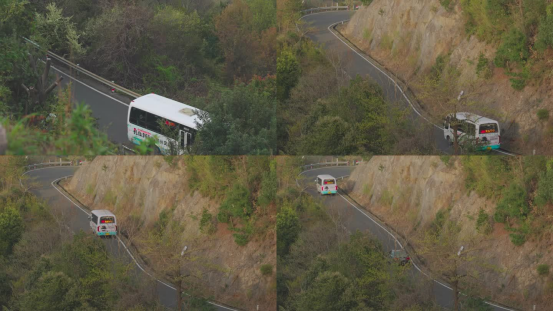 一辆破旧中巴车行驶在盘山公路，车窗内可见怀抱CT片袋的患者